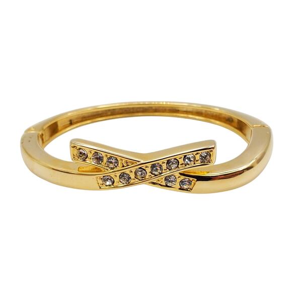 Crystal Hinged Bangle Retro Gold Tone Rhinestone Tennis Bracelet Magnetic Clasp - Picture 1 of 6